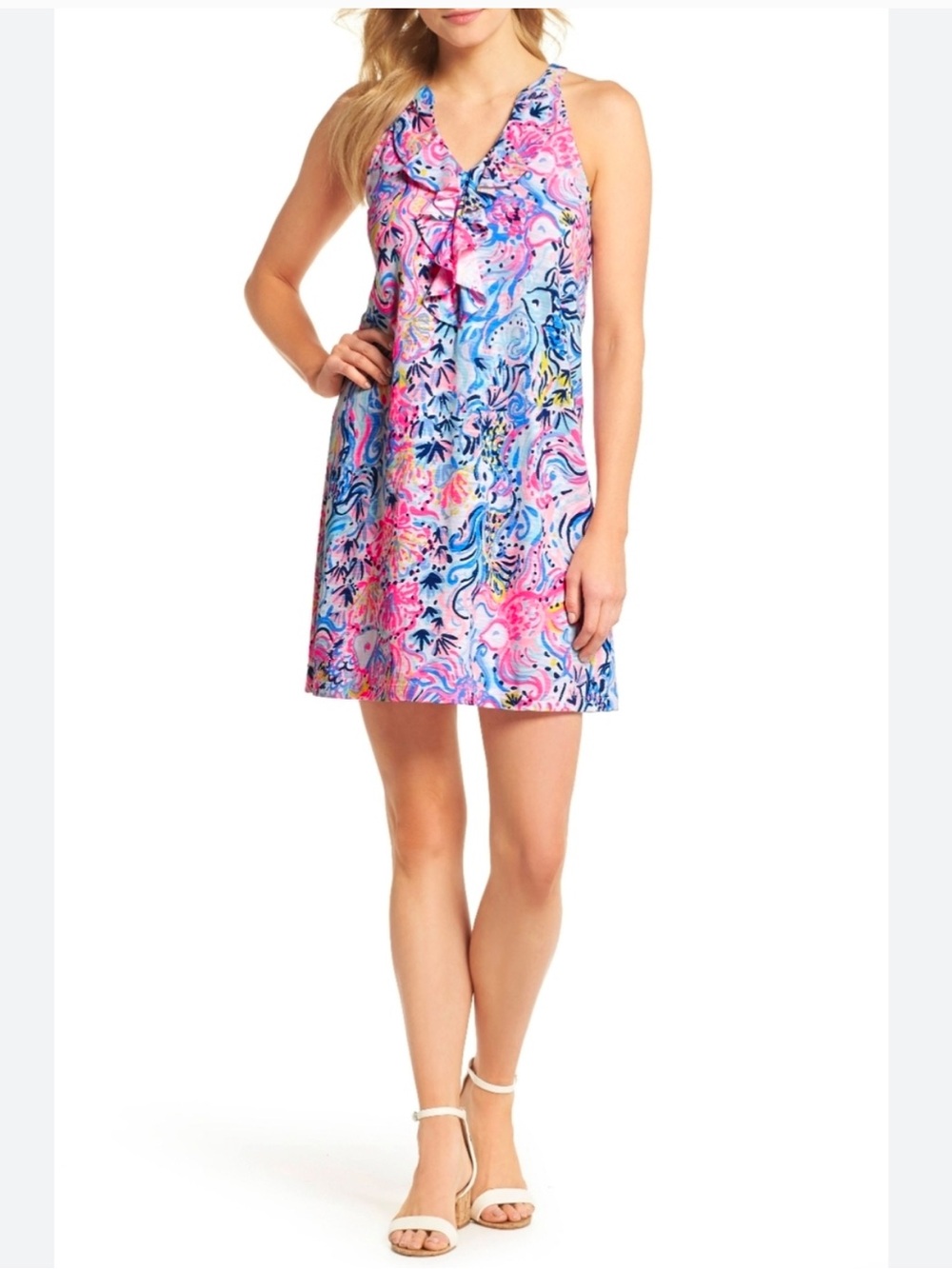 Lilly Pulitzer Shay Cotton Ruffled Neck Line Pink Blue Floral Shift Dress